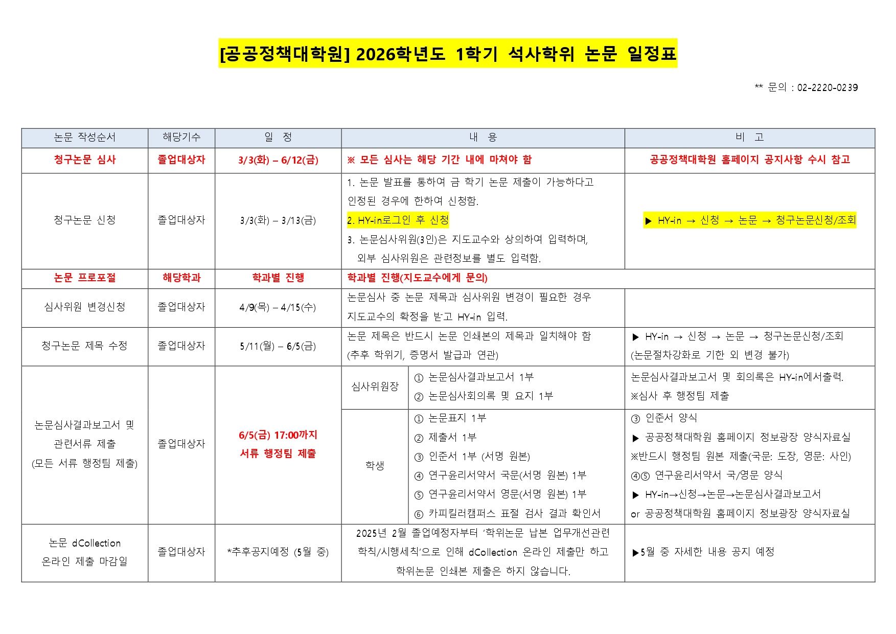 2026학년도 1학기 석사학위 논문 일정표